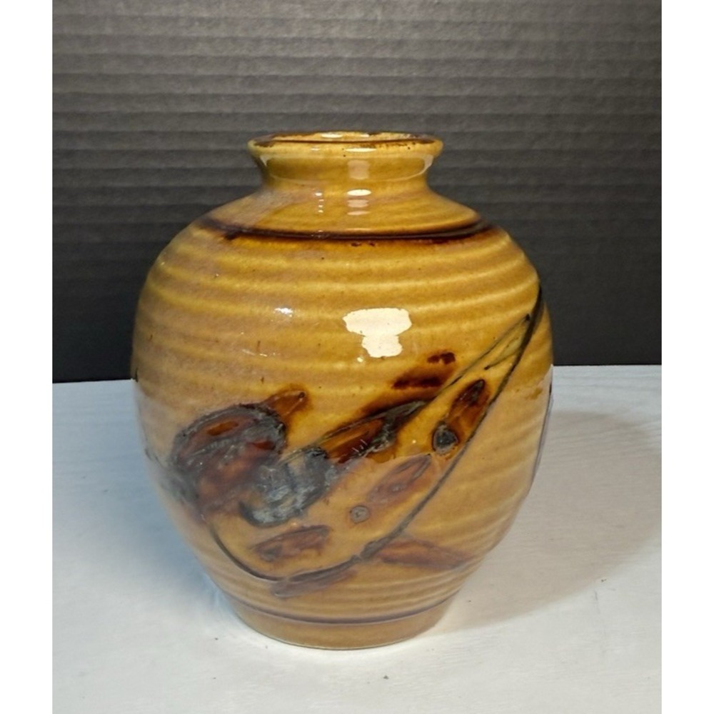 Vtg Japanese Vase Pot Hand Thrown Ceramic Stoneware Brown Hand-Painted Bird 5"‎